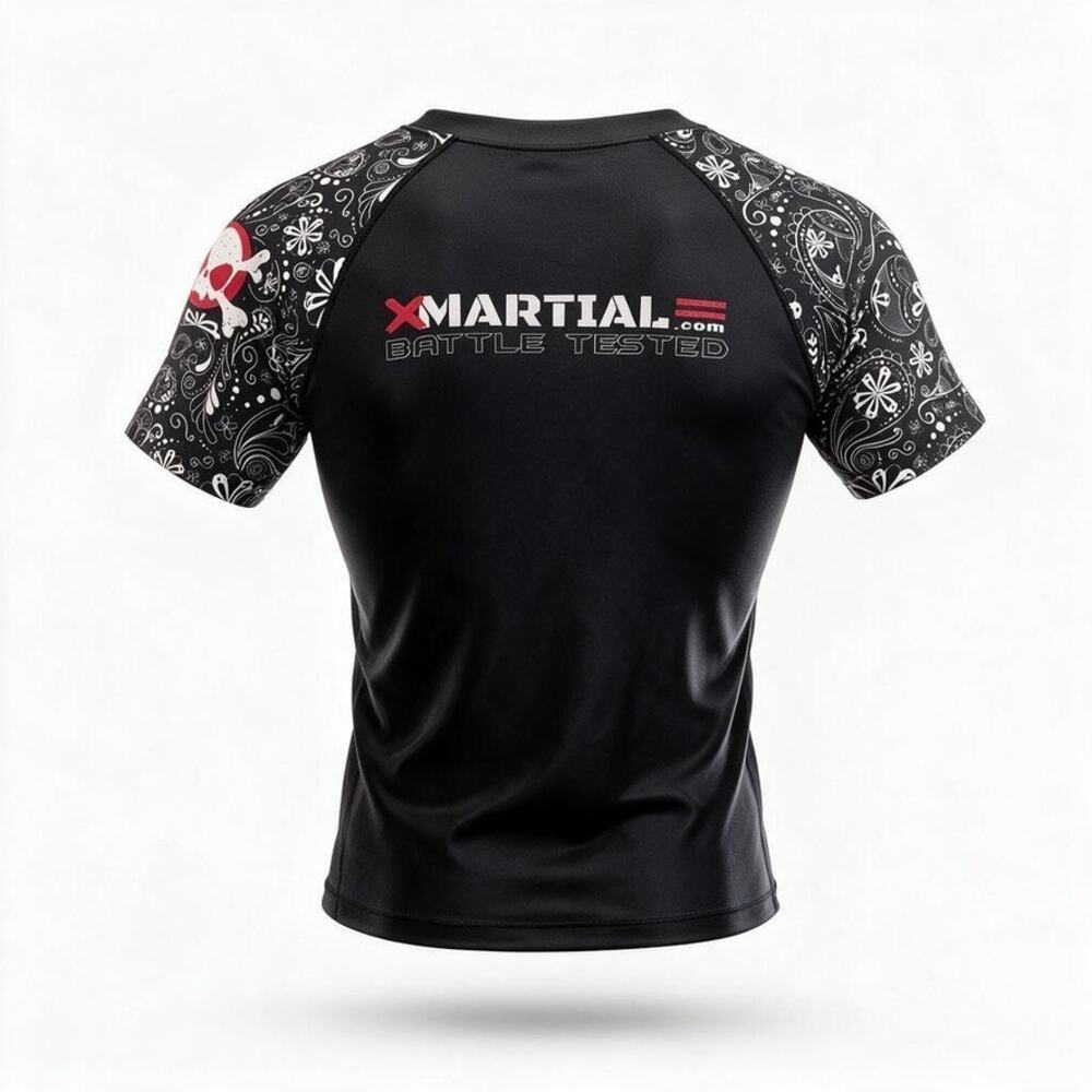 XMartial Men’s XL Compression Rash Guard Black Paisley Skull MMA BJJ